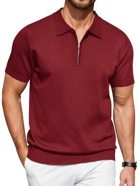 Men's Solid- Wine Red Zipper Polo Shirt Casual Knit Short Sleeve Classic Fit Tee
